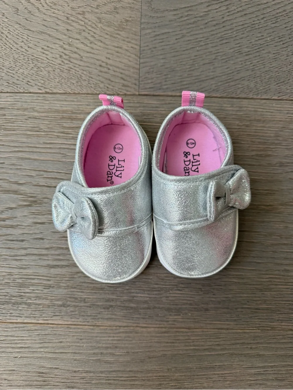 Lily & Dan Baby Silver Bow Slip-On Shoes with Pink Lining